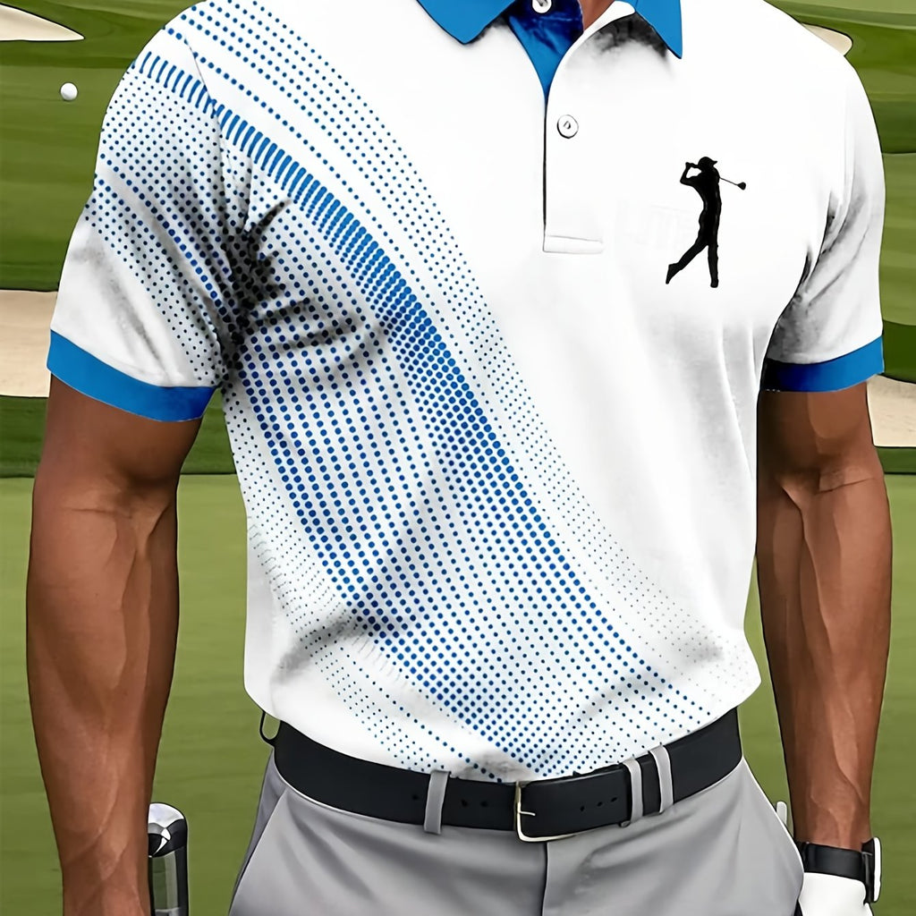 Men'S Classic White & Blue Polo Shirt with 3D Golf Ball Print - Breathable Summer Casual Wear, Regular Fit, Button-Up Collar, Lightweight Fabric for Golf, Park & Casual Attire, Golf Shirt, Park Attire, Sporty Style, Comfortab
