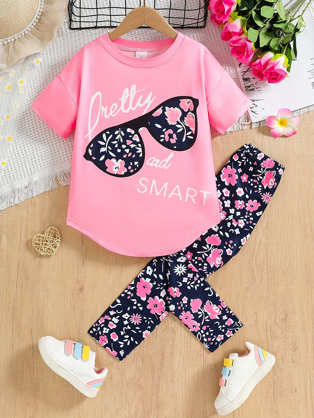 2pcs Girls' Clothing Party Slogan Large Glasses Print Pattern Drop Shoulder Irregular Hem Design Loose Short Sleeve T-Shirt + Floral Print Skinny Nine-Tenths Bottoms Set Girls' Summer Outfit Holiday Gift Girls' Fashion Casual - The Superior Findings Depot
