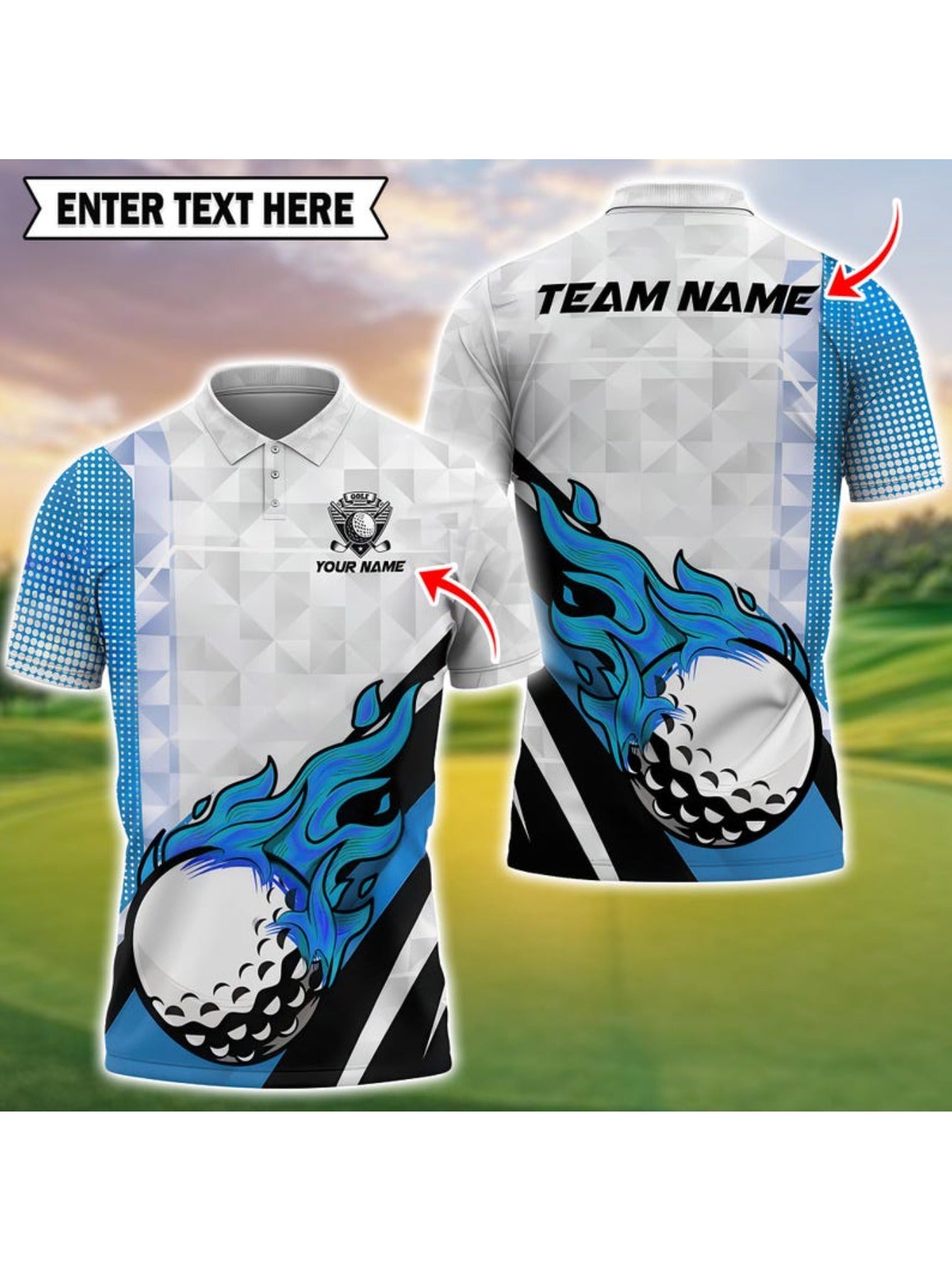 Men's Custom Golf Shirt - Blue & Black Flame with Golf Ball Accent