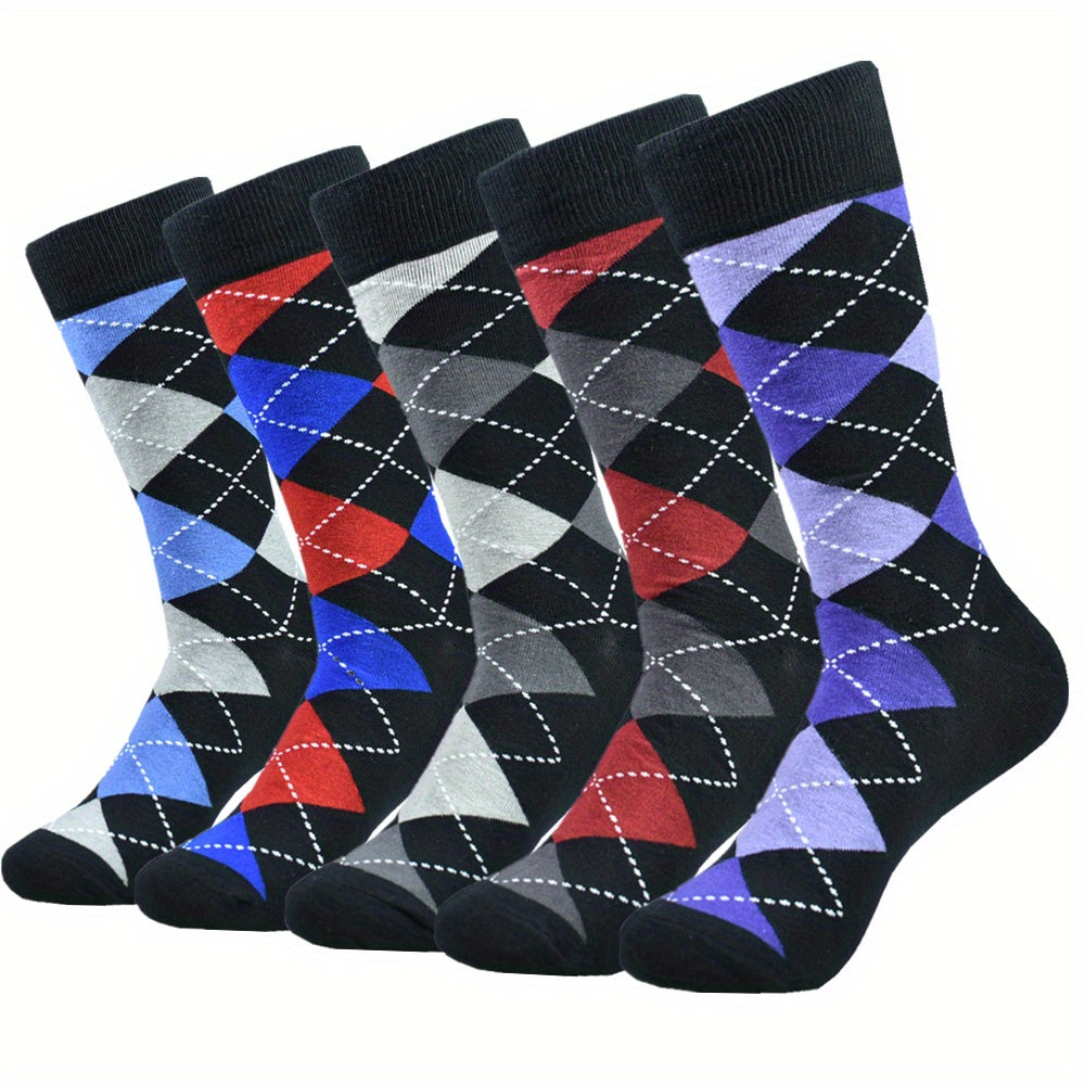 5pairs Men's Cotton Argyle Color Block Soft Crew Socks, Men's Business Socks, Multicolor Set - The Superior Findings Depot