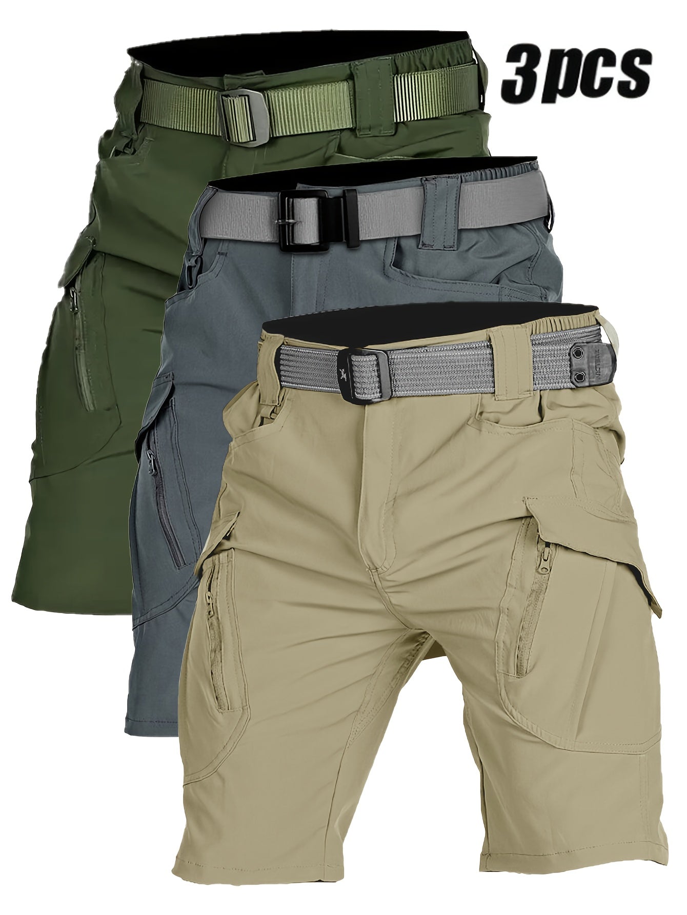 3pcs Men'S Quick-Dry Lightweight Breathable Elastic Waist Tactical Shorts - Summer Outdoor Casual Shorts with Multiple Pockets for Hiking, Running & Training, No Belt Needed, Solid Colors (Olive/Charcoal/Beige), Hiking Shorts - The Superior Findings Depot
