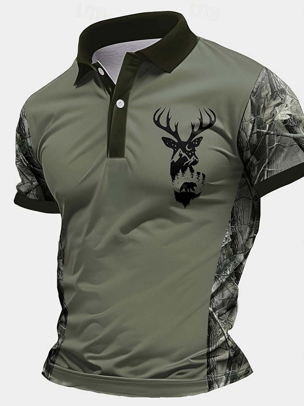 Men's Camouflage Sleeve Shirt - Khaki Base with Elk Print