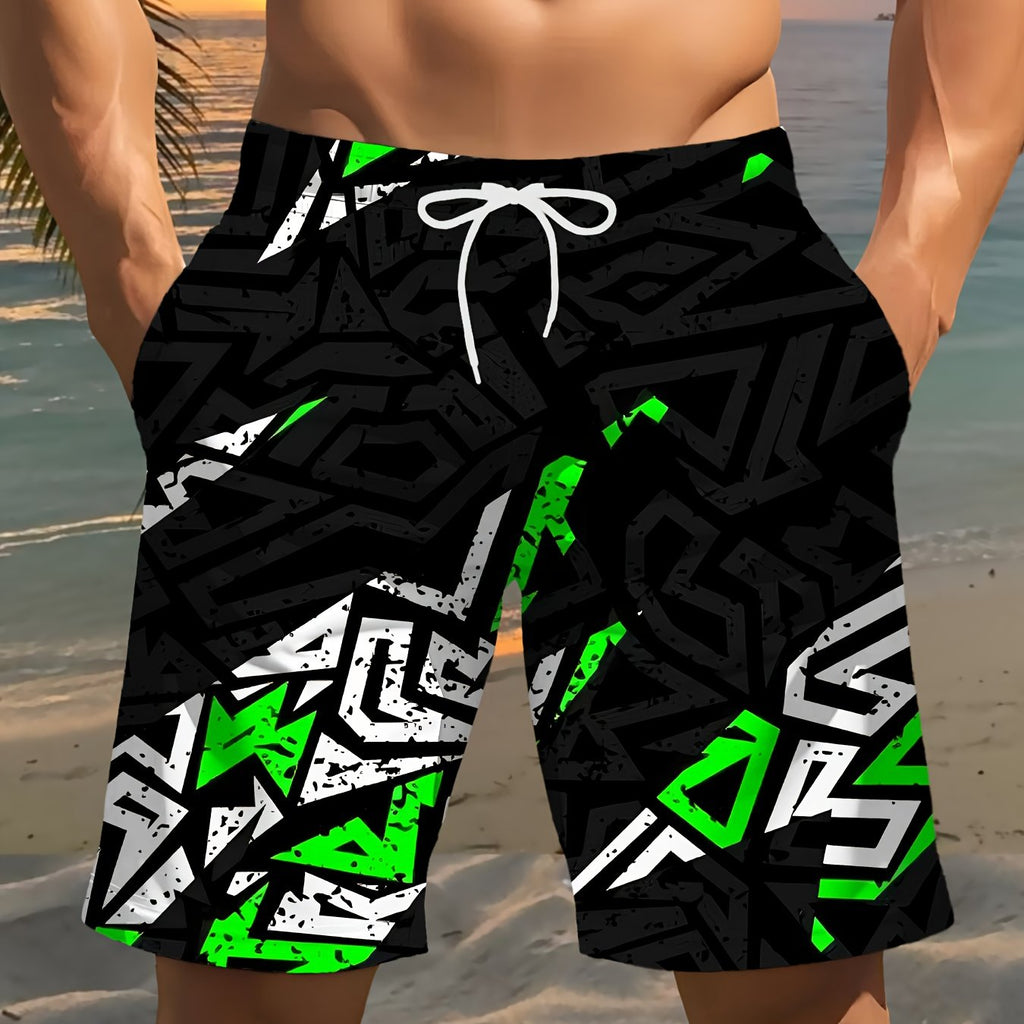 Men's Stylish Geometric Print Beach Shorts - 3D Design Drawstring