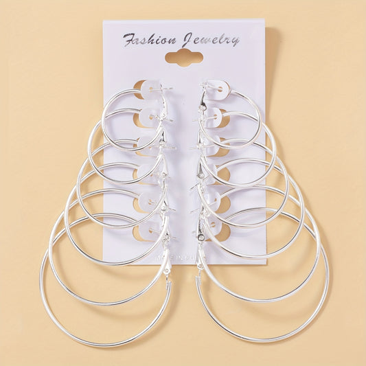 6 Pairs Big Circle Exaggerated Hoop Earrings - Elegant Minimalist Stainless Steel Silver Plated Statement Jewelry with Comfortable Wear - Ideal Female Gift for Any Occasion
