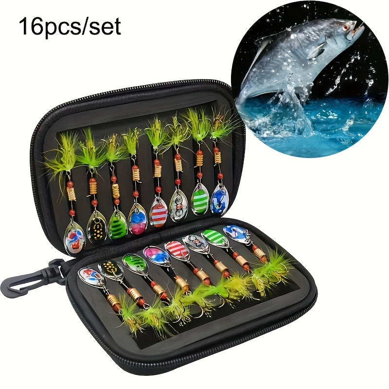 16pcs Premium Fishing Spinner Lure Set - Durable Artificial Hard Bait with Sharp Hooks for Bass Fishing, Perfect Gift for Easter, Women's Day, Valentine's, Mother's Day