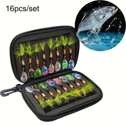 16pcs Premium Fishing Spinner Lure Set - Durable Artificial Hard Bait with Sharp Hooks for Bass Fishing, Perfect Gift for Easter, Women's Day, Valentine's, Mother's Day