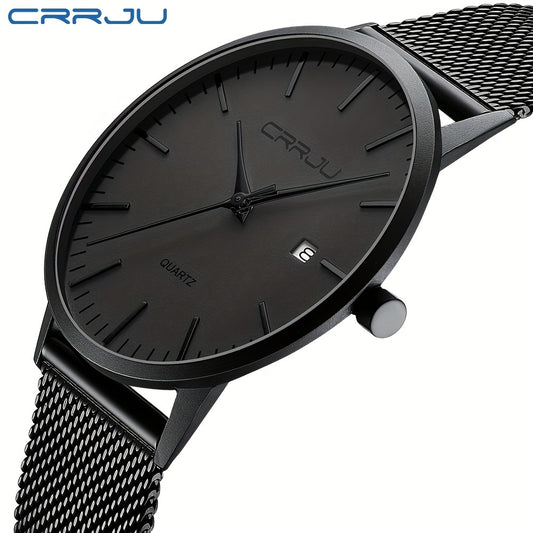 CRRJU Men'S Slim Quartz Watch, Casual Style, Round Zinc Alloy Case, Stainless Steel Strap, Pointer Display, Battery Powered, IPX8 Water Resistant, Non-rechargeable Button Battery