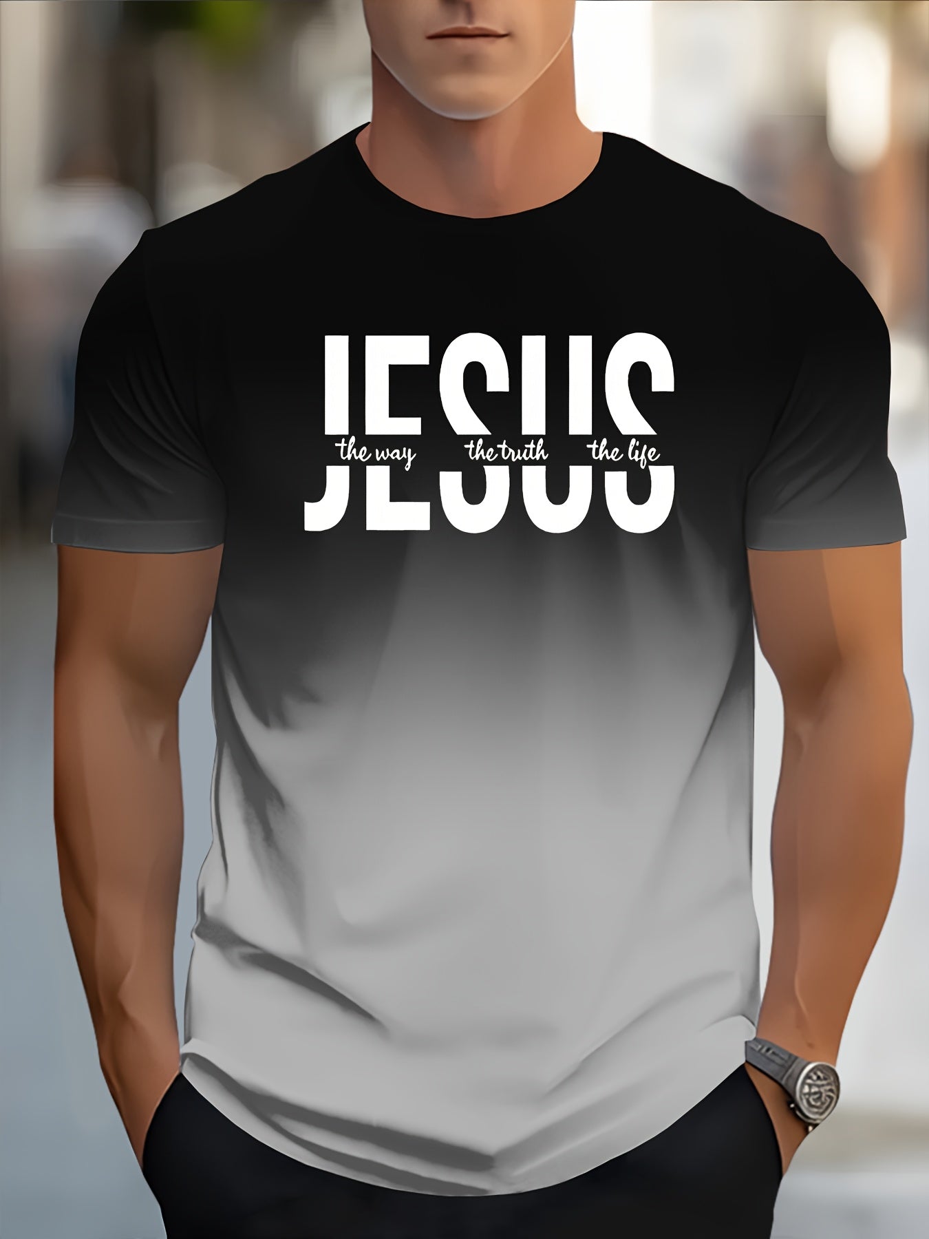 Men's Short Sleeve T-Shirt with Bold "JESUS THE WAY TRUTH LIFE" Print - Green & White Gradient Casual Round Neck Tee, Machine Washable Regular Fit Religious Graphic Top - The Superior Findings Depot