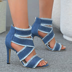 Women'S Denim Peep-Toe High Heel Sandals with Back Zipper and Cut-Out Design, Frayed Edge Detail, Summer 2025 Fashion, White Heels, Open Toe, Rubber Sole, Synthetic Insole and Upper, Fashion Sandals | Peep Toe Sandals | Intri - The Superior Findings Depot