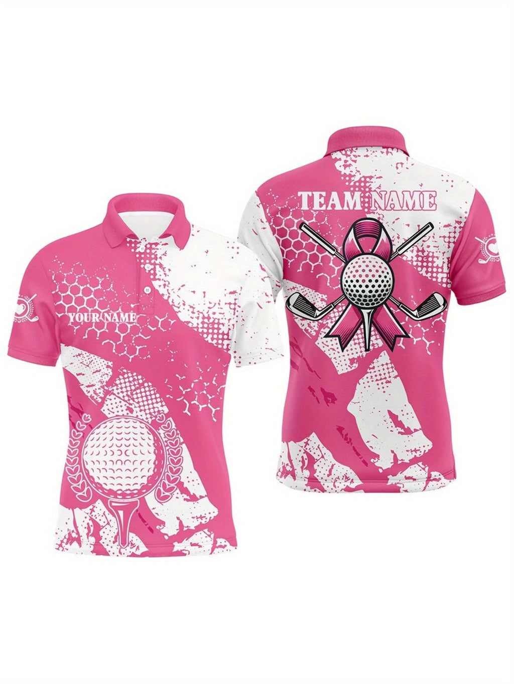 Customizable Men's Golf Polo Shirt - Pink with Black & White Print