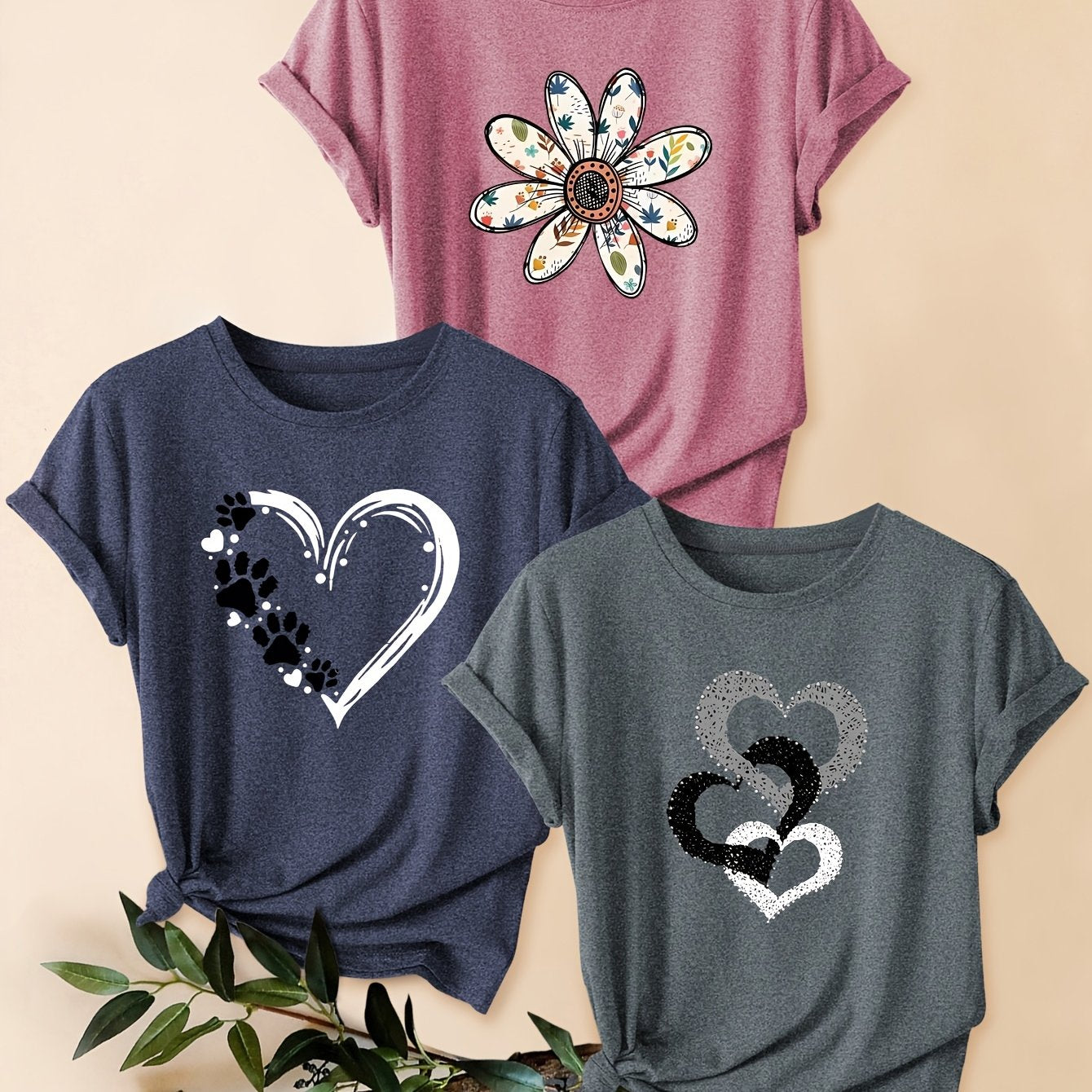 3pcs Women's Vintage-Inspired Graphic Tees - Floral & Heart Print Casual Short Sleeve T-Shirts, Soft Stretch Round Neck Tops for Spring Summer Fall,, Teal & Lavender, Seasonal Fashion, Artistic Design, Lightweight Tee, Printe - The Superior Findings Depot