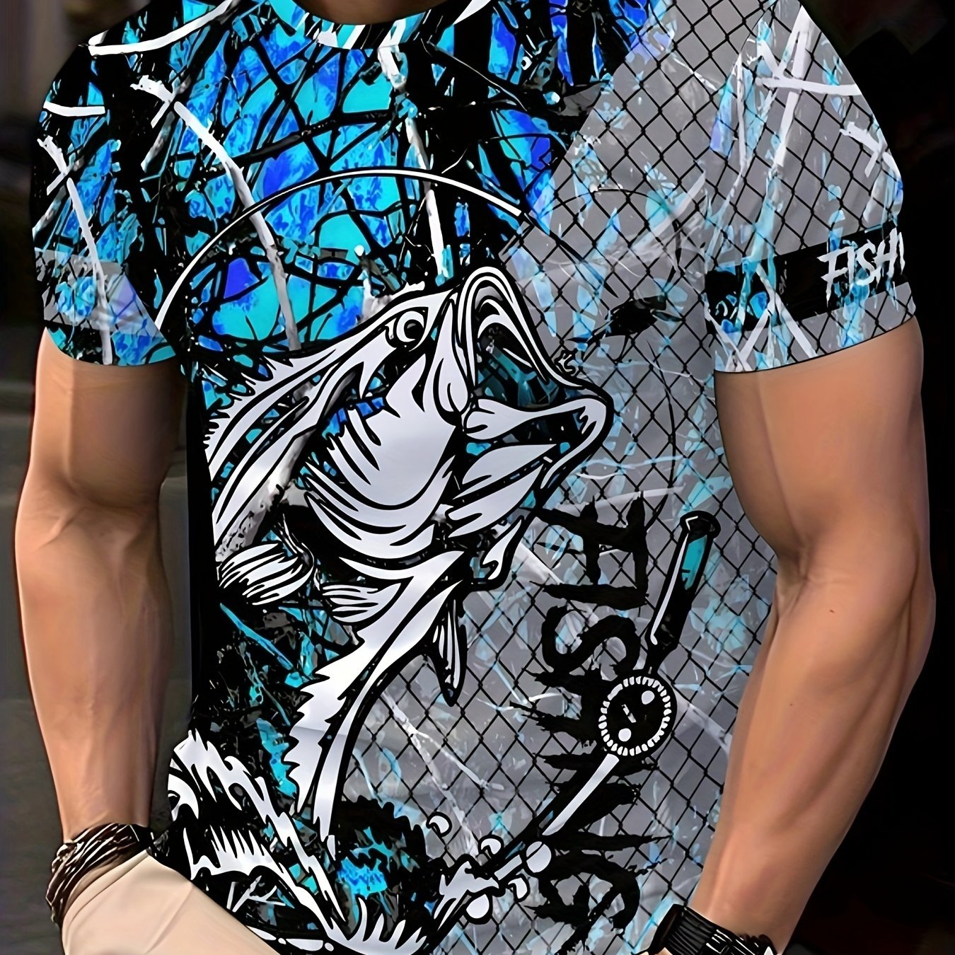 Men's Fashion Casual Crew Neck 3D Fishing Print T-Shirt, 100% Polyester Knit Fabric, Casual Style with Slight Stretch, Regular Fit Animal Pattern Tee