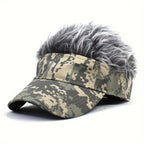 Sporty Camo Baseball Cap with Built-In Wig - Hip Hop Style