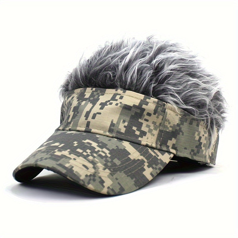 Sporty Camo Baseball Cap with Built-In Wig - Hip Hop Style