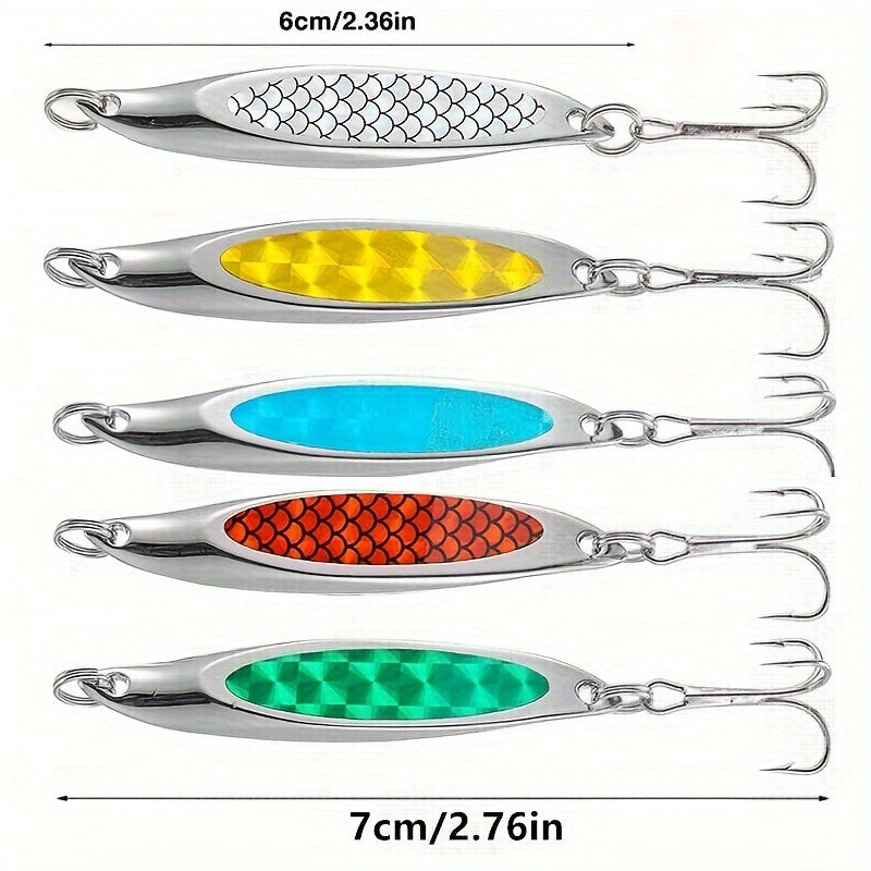 5pcs Essential Anglers Lure Set - Versatile Metal Baits for Saltwater & Freshwater Fishing - Durable Treble Hook Design for Trout, Bass, Salmon