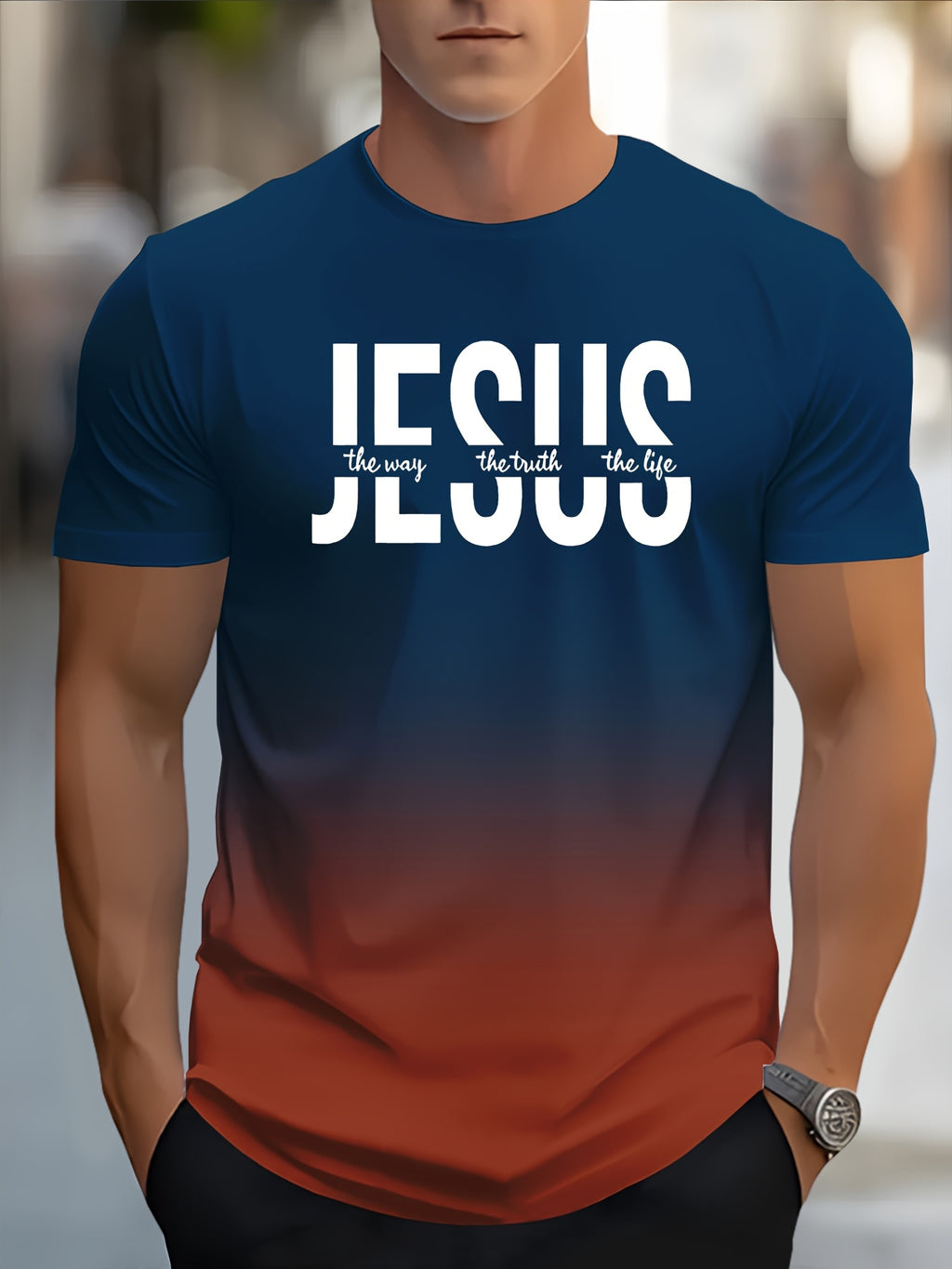 Men's Short Sleeve T-Shirt with Bold "JESUS THE WAY TRUTH LIFE" Print - Green & White Gradient Casual Round Neck Tee, Machine Washable Regular Fit Religious Graphic Top - The Superior Findings Depot