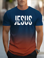 Men's Short Sleeve T-Shirt with Bold "JESUS THE WAY TRUTH LIFE" Print - Green & White Gradient Casual Round Neck Tee, Machine Washable Regular Fit Religious Graphic Top - The Superior Findings Depot