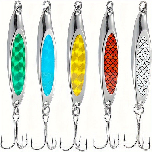 5pcs Essential Anglers Lure Set - Versatile Metal Baits for Saltwater & Freshwater Fishing - Durable Treble Hook Design for Trout, Bass, Salmon
