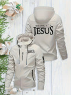 Men's Heavy-Duty Windproof Hooded Jacket with Jesus Logo & Bible Verse Print - Full-Zip Winter Coat, Golden-Tone Religious Design, Machine Washable Warm Outerwear for Church Events, Christmas Gifts (Full Back Print) - The Superior Findings Depot
