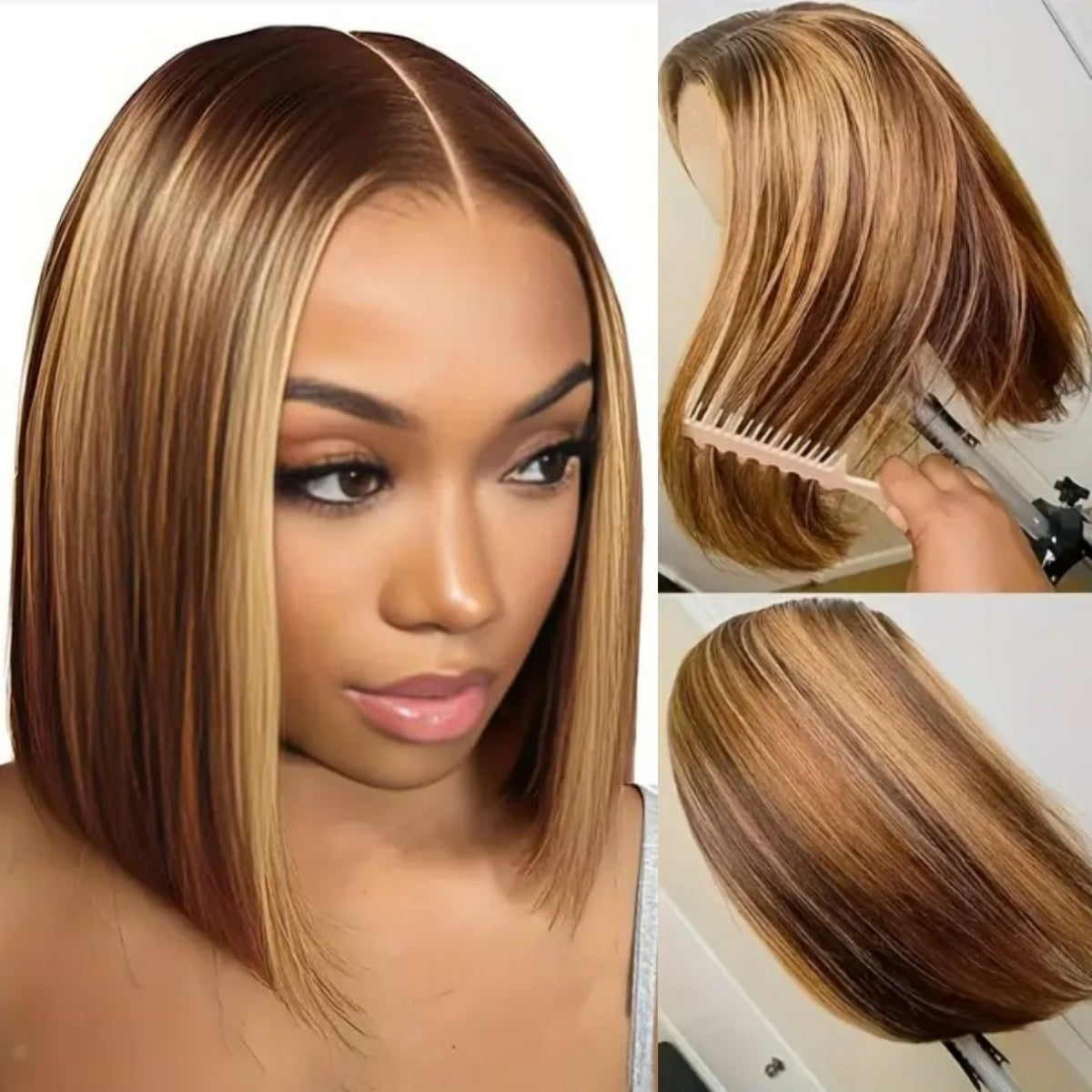 Short Bob Wig for Women, Natural-Looking Body Wave Synthetic Hair, Golden Brown/Blonde/Beige/Brunette Ombre, Heat-Resistant Fiber, Breathable Mesh Cap, Middle Part Short Cut Wig for Daily Wear, Suits All Beige Tones - The Superior Findings Depot