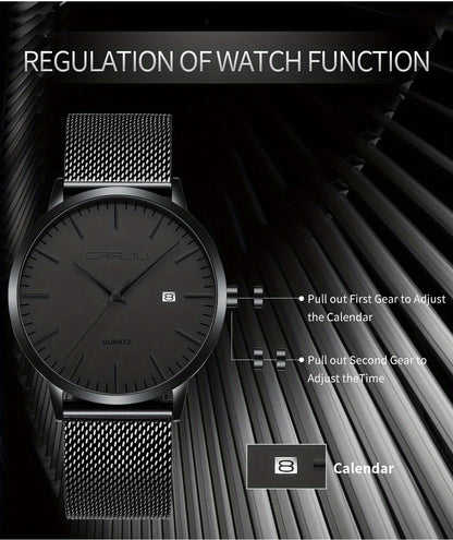 CRRJU Men'S Slim Quartz Watch, Casual Style, Round Zinc Alloy Case, Stainless Steel Strap, Pointer Display, Battery Powered, IPX8 Water Resistant, Non-rechargeable Button Battery