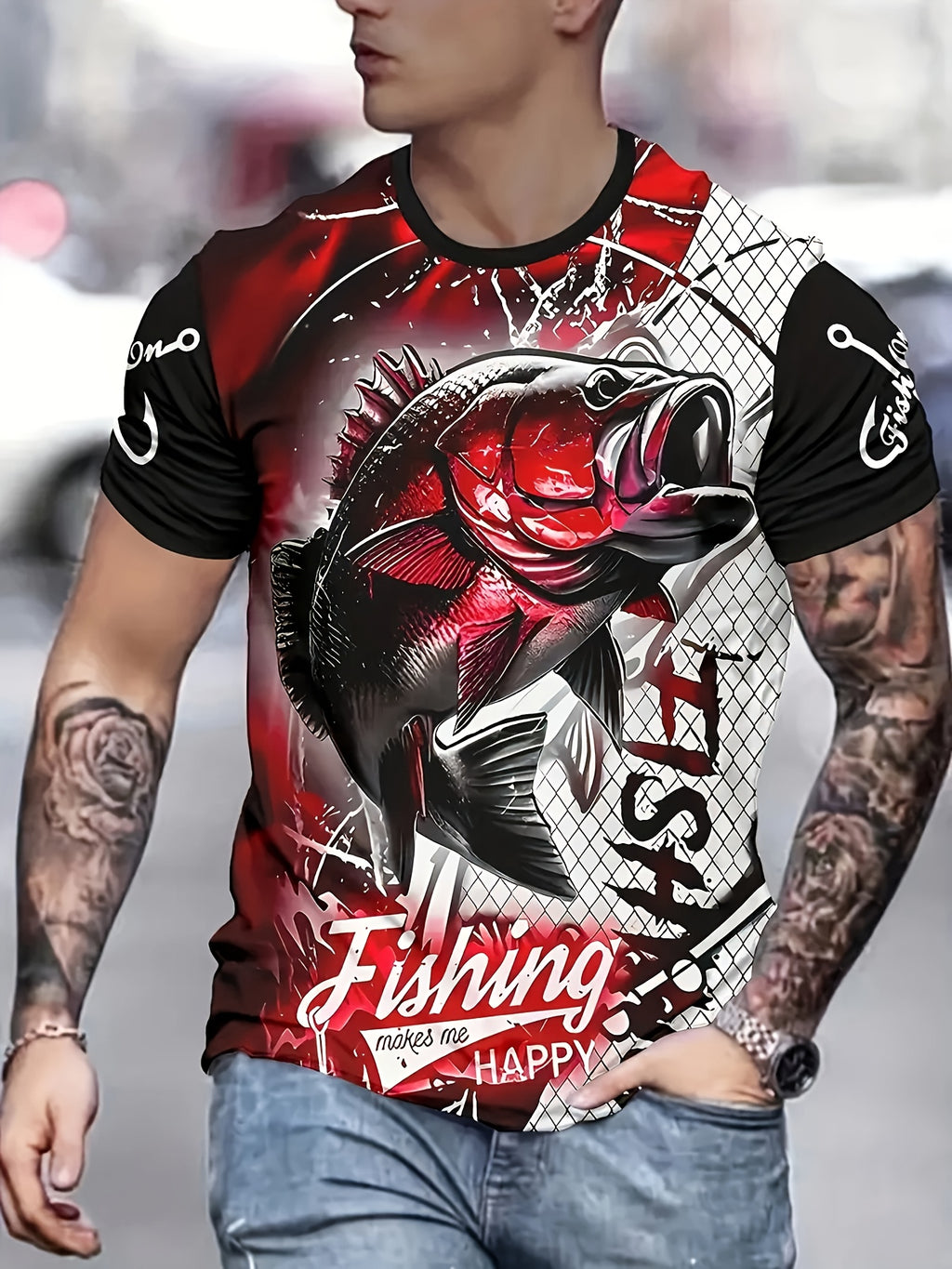 Men's Fishing Enthusiast T-Shirt - Fish Hook & Bass Graphic