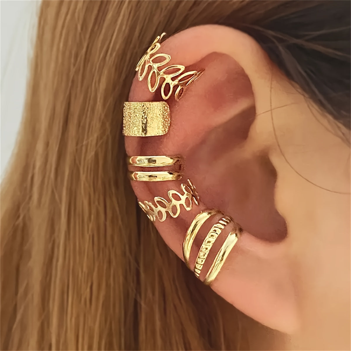 [5pcs/set Elegant Ear Cuff Set] 5pcs/set Trendy Elegant Design Ear Cuff Set Classic Elegant Style Women's Ear Bone Clip Set No Piercing Clip On Earrings Leaf Shaped Circle Stacked Shaped