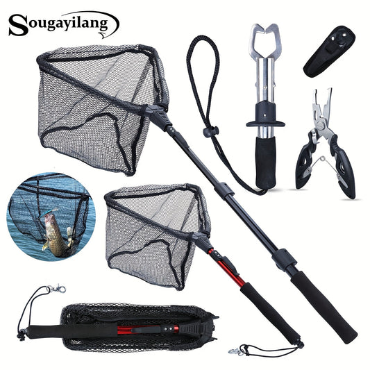 Complete Fishing Tool Set - Nets with Telescopic Folding Landing Net, EVA Handle, Durable Nylon Net Bag, Stainless Steel Fish Controller, and Fishing Pliers for Efficient Catching and Releasing
