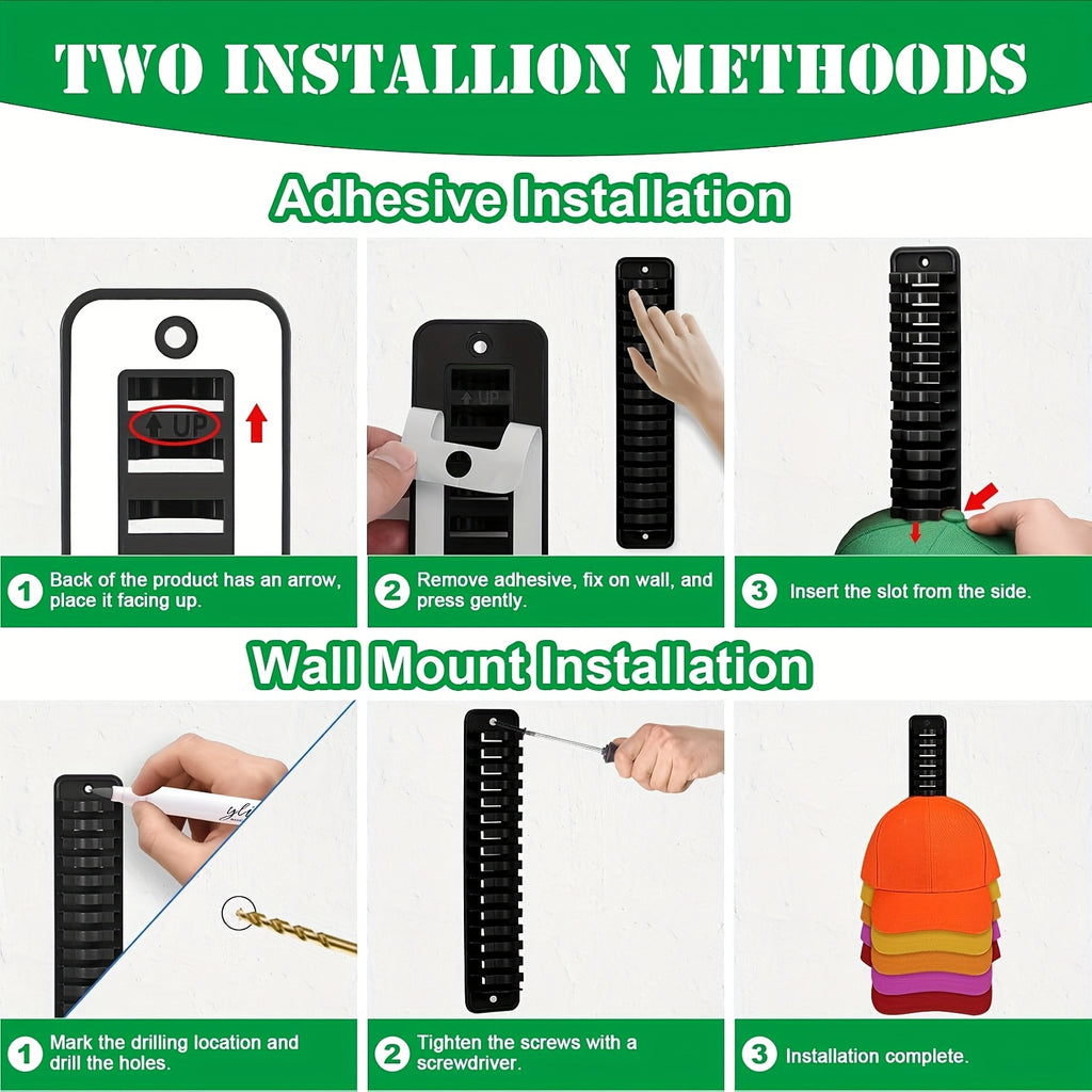 1 Wall-Mounted Hat Rack - 16-Hat Capacity No-Nail Adhesive