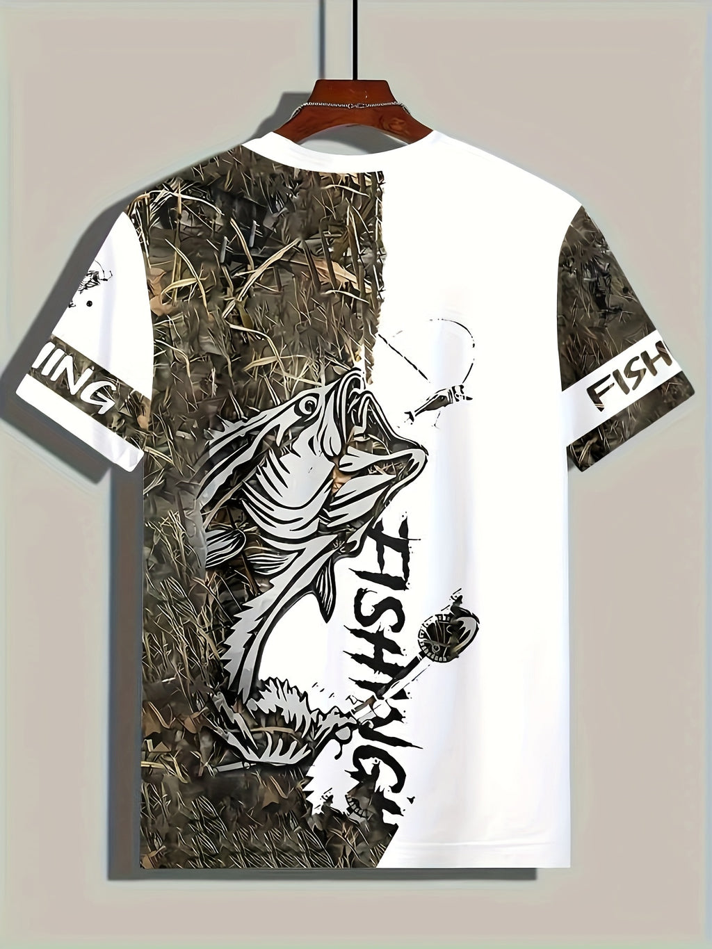 Men's Fashion Casual Crew Neck 3D Fishing Print T-Shirt, 100% Polyester Knit Fabric, Casual Style with Slight Stretch, Regular Fit Animal Pattern Tee