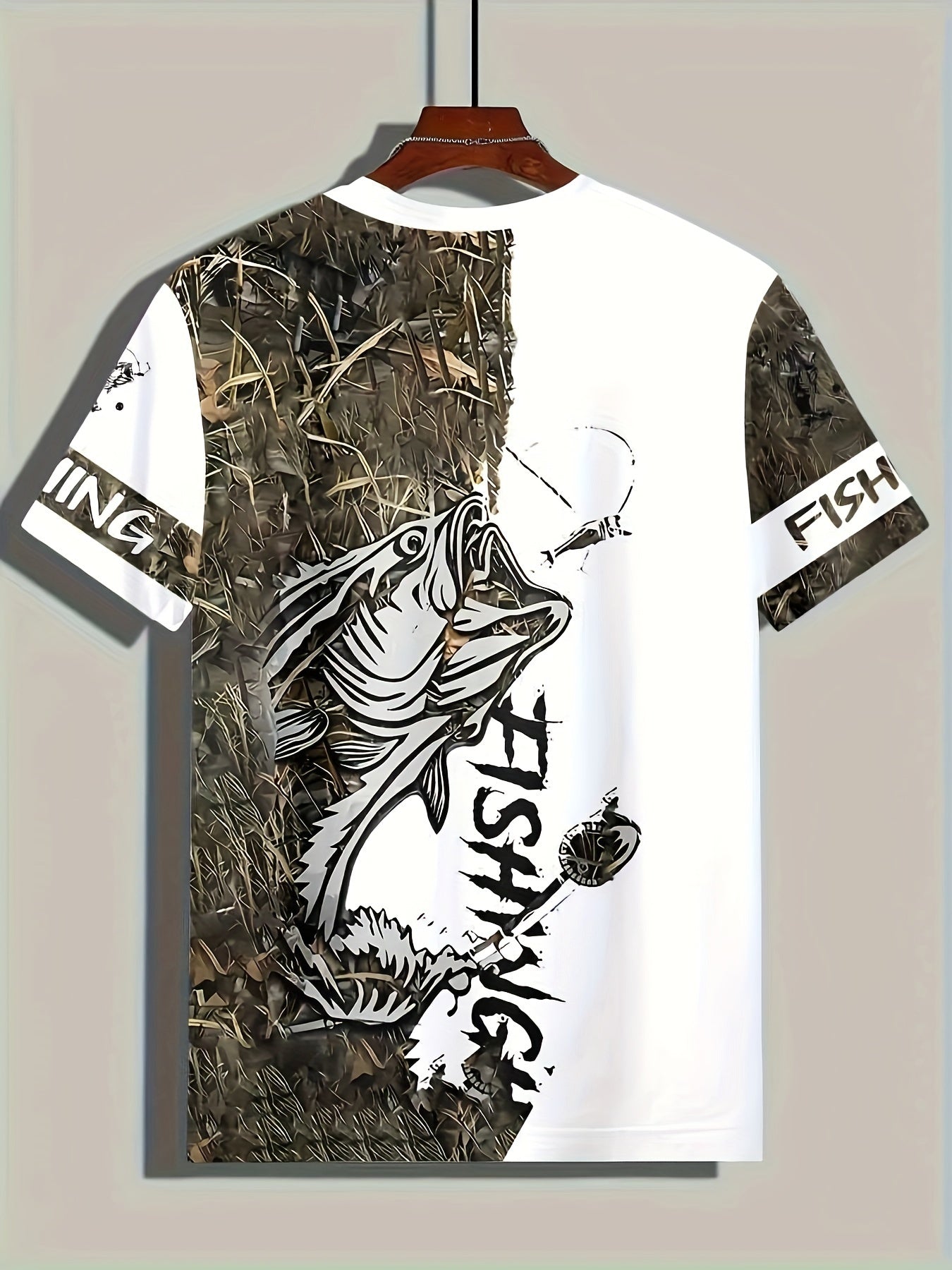 Men's Fashion Casual Crew Neck 3D Fishing Print T-Shirt, 100% Polyester Knit Fabric, Casual Style with Slight Stretch, Regular Fit Animal Pattern Tee