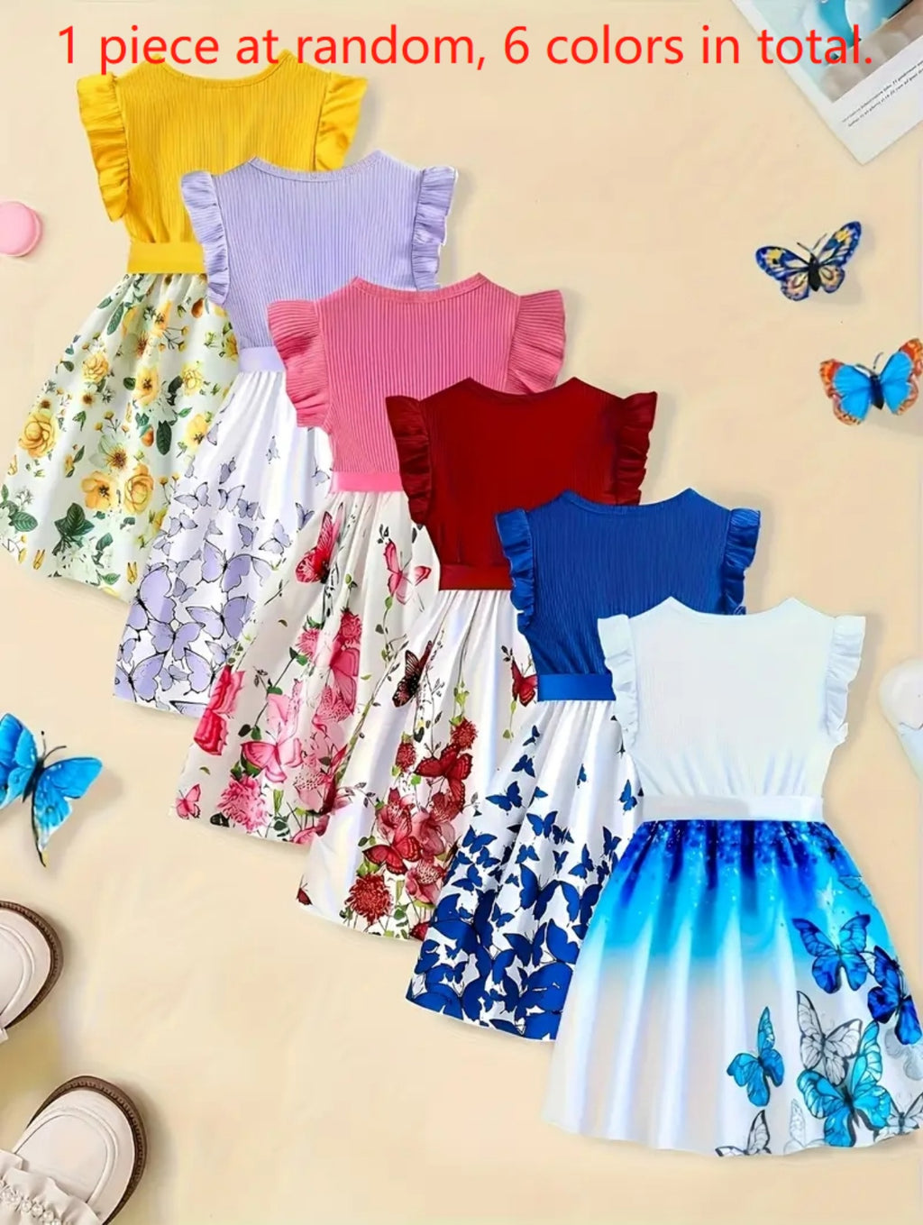 Girls' Cute Butterfly & Floral Print Princess Dress - 5 Styles Random