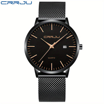 CRRJU Men'S Slim Quartz Watch, Casual Style, Round Zinc Alloy Case, Stainless Steel Strap, Pointer Display, Battery Powered, IPX8 Water Resistant, Non-rechargeable Button Battery