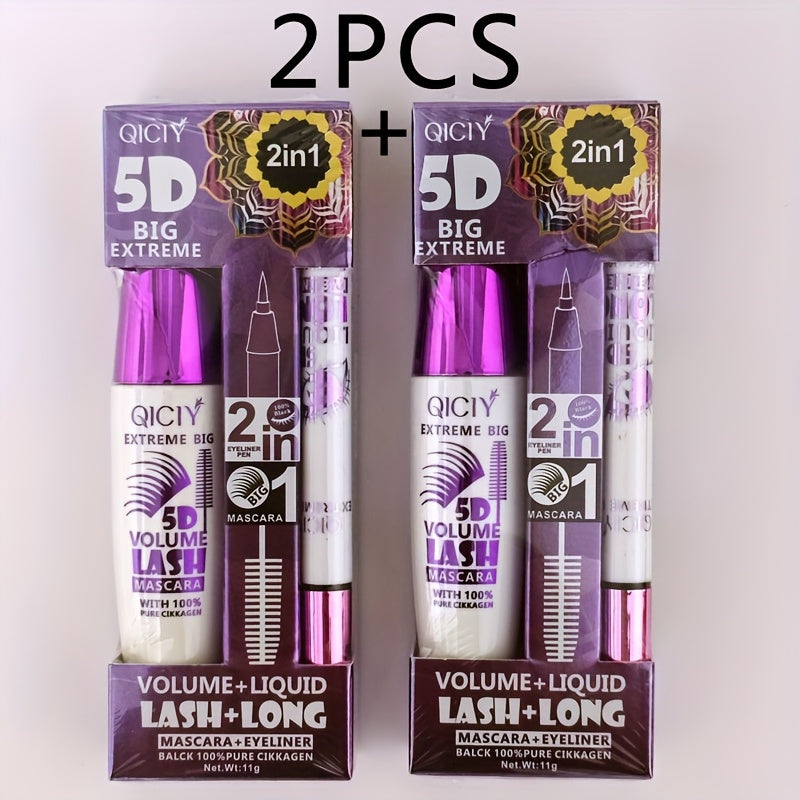QICI 5D EXTREME 2in1 Mascara + Eyeliner Set - Waterproof, Long-Lasting, Smudge-Proof, Volume & Length Enhancing, Black Liquid Eyeliner with 10ml Brush, 24-Hour Wear, 1pc/2pcs, Beauty Essentials|Bold Eye Makeup|Smudgeproof Lin - The Superior Findings Depot