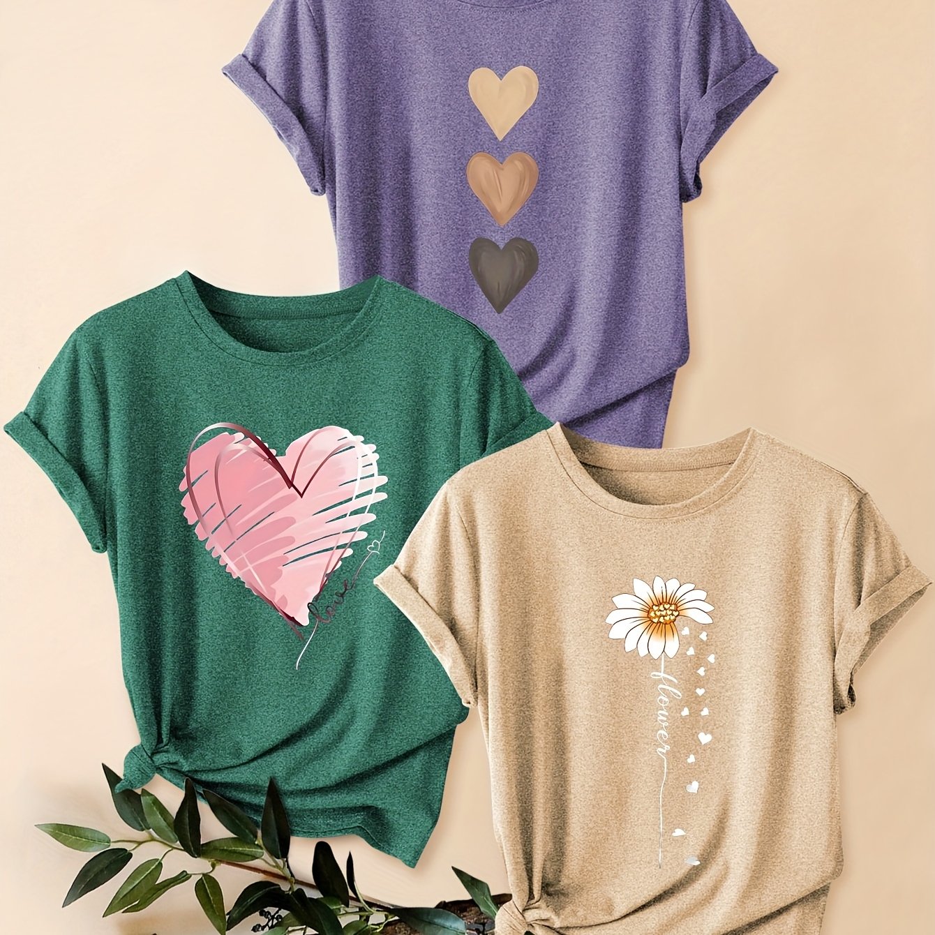 3pcs Women's Vintage-Inspired Graphic Tees - Floral & Heart Print Casual Short Sleeve T-Shirts, Soft Stretch Round Neck Tops for Spring Summer Fall,, Teal & Lavender, Seasonal Fashion, Artistic Design, Lightweight Tee, Printe - The Superior Findings Depot