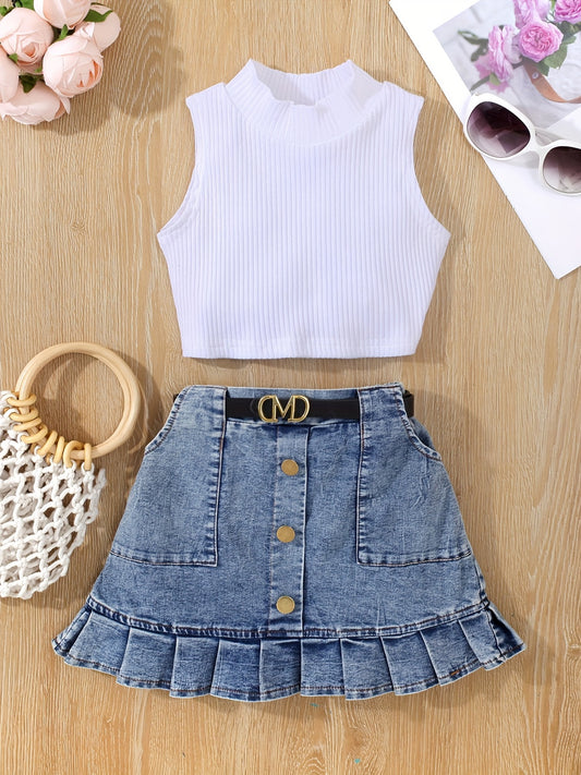 2pcs Toddler Girls Summer Outfit - Skirt Sets with Turtleneck Ribbed Knit Tank Top, Ruffled Hem Pleated Button Belted Denim Skirt, K-pop Inspired, Kids Clothing for Summer Season