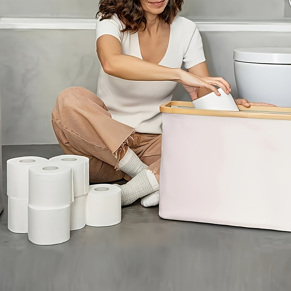 Large Capacity Toilet Paper Holder with Lid - Foldable Wood Frame