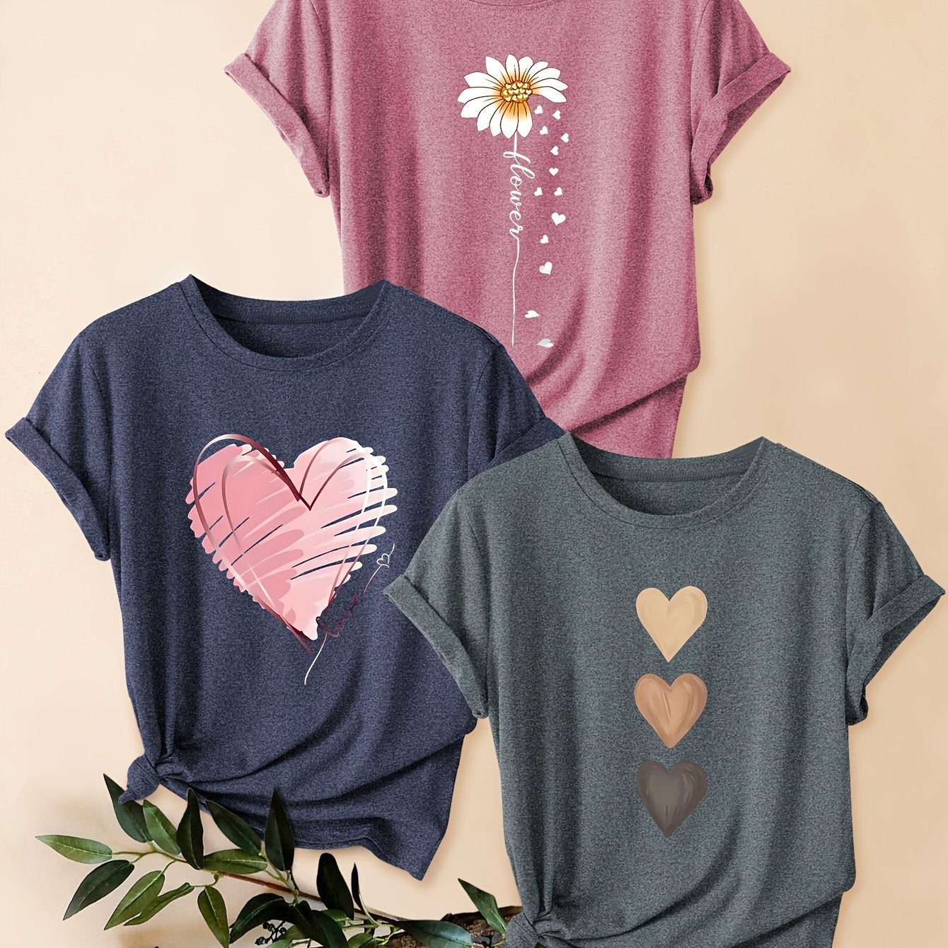 3pcs Women's Vintage-Inspired Graphic Tees - Floral & Heart Print Casual Short Sleeve T-Shirts, Soft Stretch Round Neck Tops for Spring Summer Fall,, Teal & Lavender, Seasonal Fashion, Artistic Design, Lightweight Tee, Printe - The Superior Findings Depot