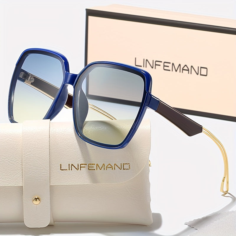 LINFEMAND Women'S Fashion Glasses - Large Rectangular Frame with Gradient Tinted Lenses, Golden Accents & Elegant White Case - Stylish Party Wear, Festival Gift, Festival Eyewear, Sophisticated Eyewear, Durable Eyewear - The Superior Findings Depot