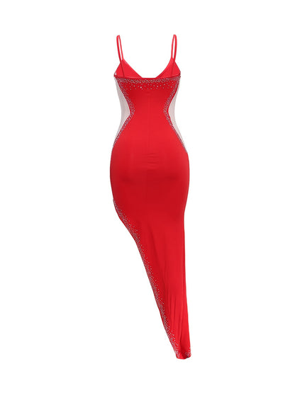 Solid Rhinestone Asymmetrical Sleeveless Dress, Sexy Off Shoulder Split Maxi Dress, Women's Clothing
