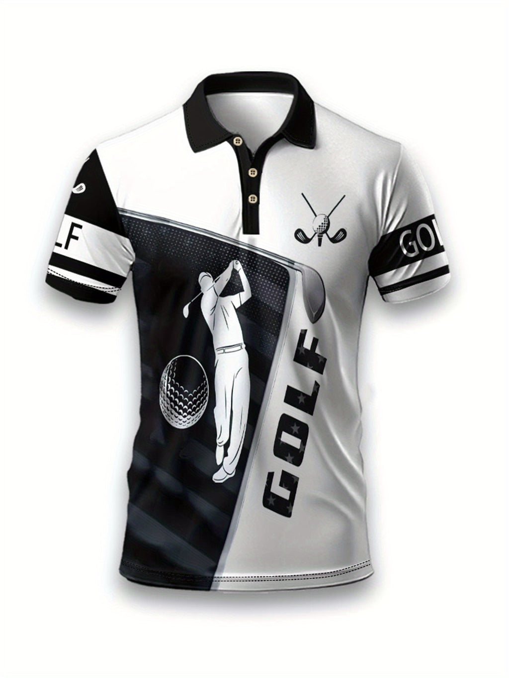 Men's Summer Casual Golf Shirt - Breathable Short Sleeve with Golf Club & Ball Graphic Print, Contrast Stripe Collar, Regular Fit for Outdoor Sports & Casual Wear, Golf Shirt, Smooth Texture Fabric