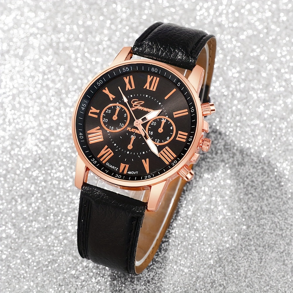 3pcs Fashionable And Simple Roman Watch Round Quartz Watch PU Leather Wrist Ideal Choice for Gifts - The Superior Findings Depot
