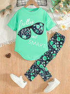 2pcs Girls' Clothing Party Slogan Large Glasses Print Pattern Drop Shoulder Irregular Hem Design Loose Short Sleeve T-Shirt + Floral Print Skinny Nine-Tenths Bottoms Set Girls' Summer Outfit Holiday Gift Girls' Fashion Casual - The Superior Findings Depot
