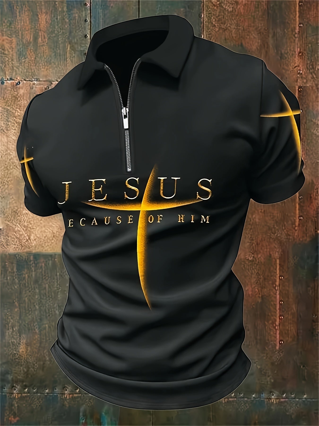 Men's Short-Sleeve Shirt with Golden Cross Graphic - Black Polyester Casual Summer Top with Zipper Detail and Vibrant Digital Print - Regular Fit for Casual Attire