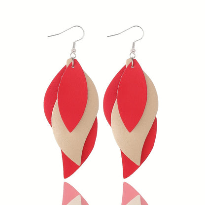 [3-layer Retro Dangle Earrings Gift] 3-layer Leaf Design Retro Dangle Earrings PU Leather Exquisite Gift For Women Daily Casual