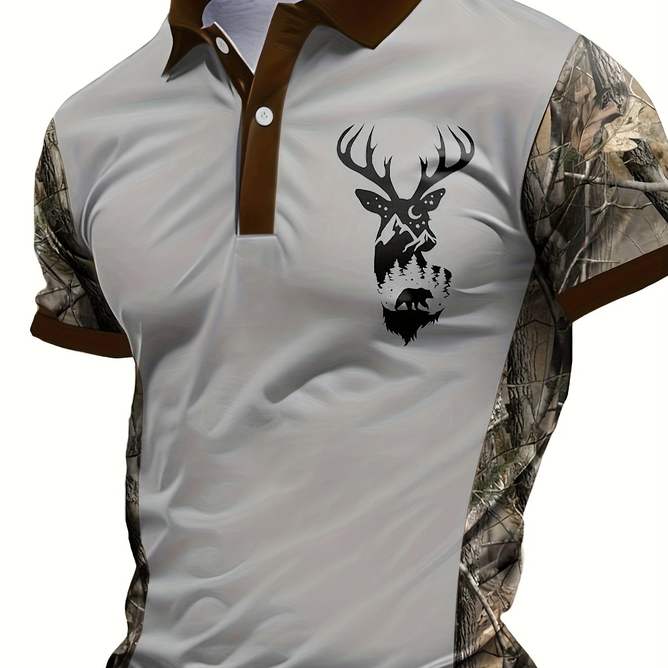 Men's Camouflage Sleeve Shirt - Khaki Base with Elk Print