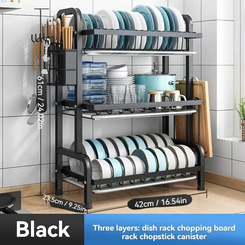 2025 Two/Three-Tier Carbon Steel Dish Rack with Drain Board, Cutlery Holder and Cup Hook - Space-Saving for Kitchen Countertop Storage - Black, No Electricity Required, Dish Drying Rack | Smooth Black Surface | Durable Kitche - The Superior Findings Depot