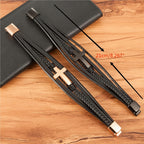 XQNI Men's Braided Faux Leather & Bracelet with Cross Pendant - 3-Tone Plated Durable Clasp, 19/21/23cm Adjustable Sizes, Genuine Faux Leather & Mirror Finish - Stylish Christmas Gift for Him, Casual Wristwear, Sophisticated - The Superior Findings Depot