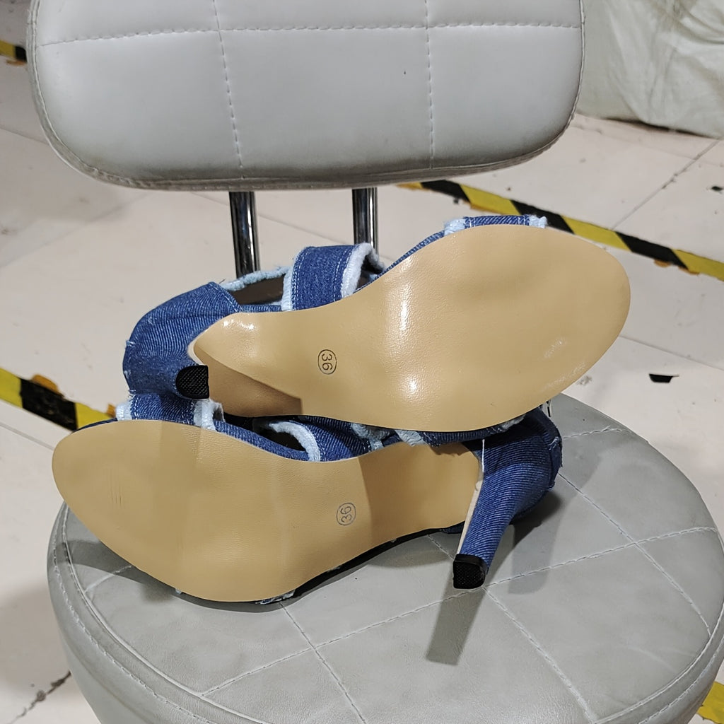 Women'S Denim Peep-Toe High Heel Sandals with Back Zipper and Cut-Out Design, Frayed Edge Detail, Summer 2025 Fashion, White Heels, Open Toe, Rubber Sole, Synthetic Insole and Upper, Fashion Sandals | Peep Toe Sandals | Intri - The Superior Findings Depot