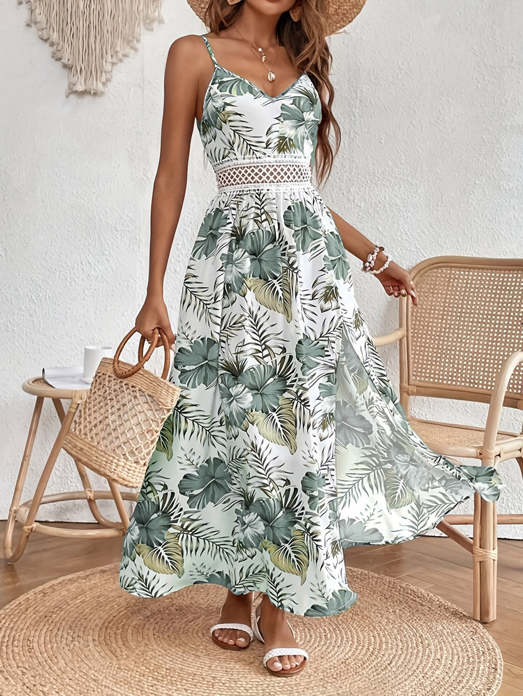 Floral Print Spaghetti Strap Dress, Elegant Sleeveless Split Dress For Spring & Summer, Women's Clothing - The Superior Findings Depot
